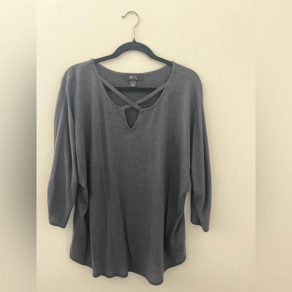 BCX Charcoal Sweater with a Criss-Cross V-neck Design
